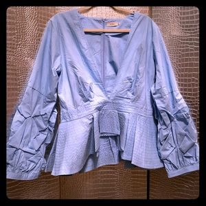 Blue Peplum Blouse Plunging V Neck Routched Sleeve